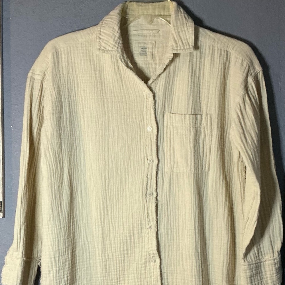 Aerie Gauzy Button Front Top Women’s XXS Cover Up Shirt Beige Boho Oversized